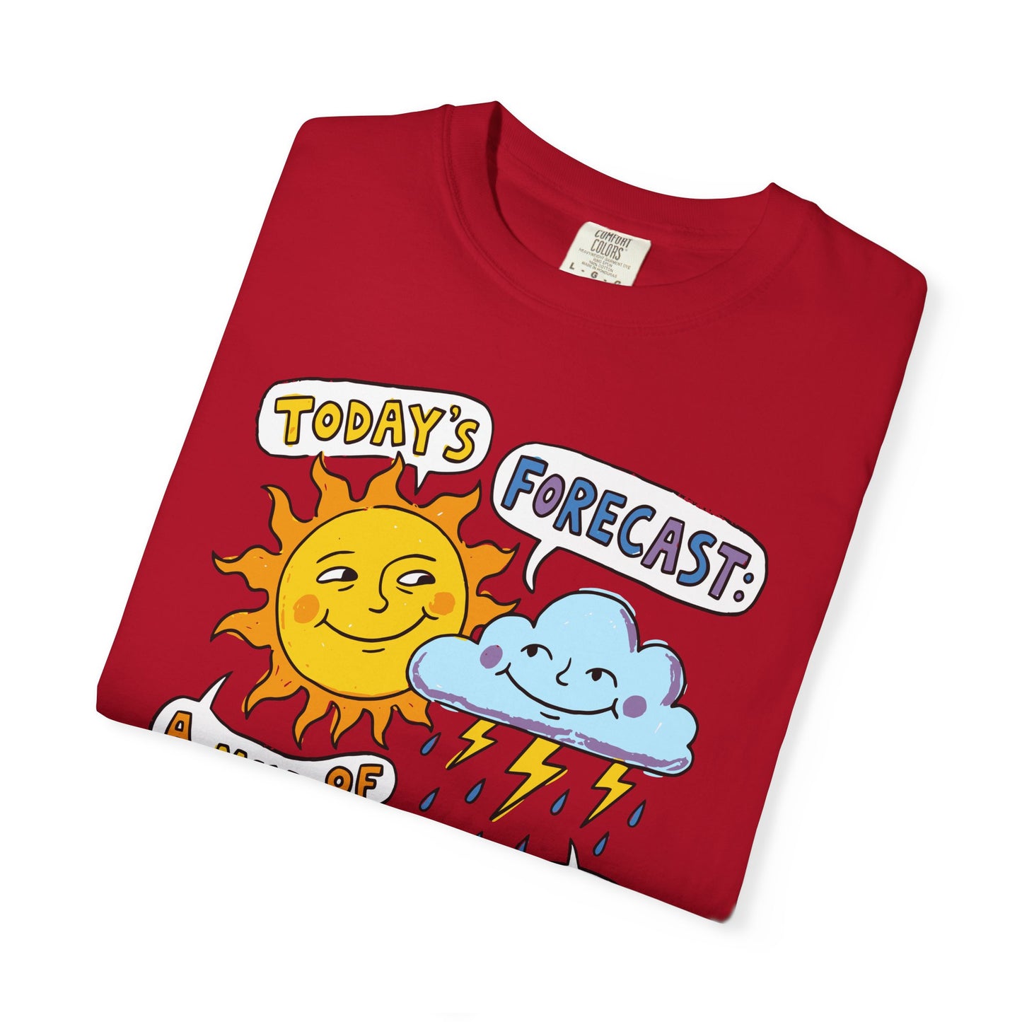 "Today's Forecast: A Mix of Fun and Louds" Tee — Playful Weather Cartoon T-Shirt