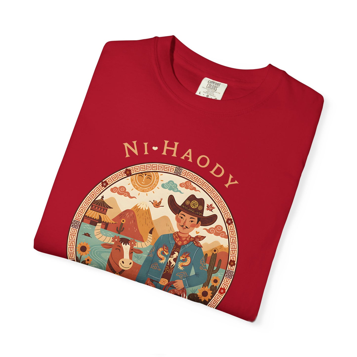 "Ni-Haody. Easts Meets West" Asian Cowboy Camp Graphic T-Shirt — Western Illustration Tee