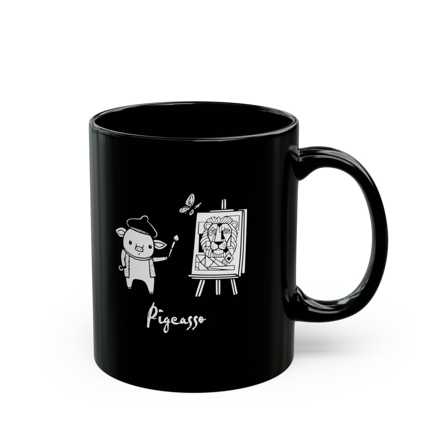 'Pigcasso' Pig Artist Black Ceramic Mug — Cute Art Lover Coffee Cup (11oz, 15oz)