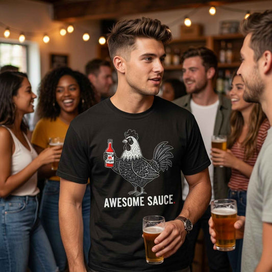 "Awesome Sauce" Hot Stuff T-Shirt - Funny Rooster Vintage Linocut Graphic Tee