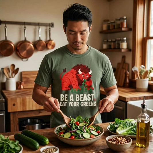 "Be a Beast. Eat Your Greens" T-shirt — Healthy Monster Eating Toy Soldiers Graphic Tee