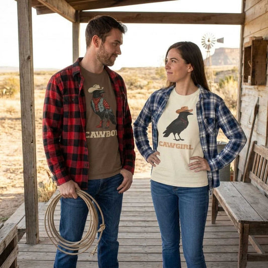 "Cawgirl" Couples Tee — Western Raven Cowgirl Graphic T‑Shirt