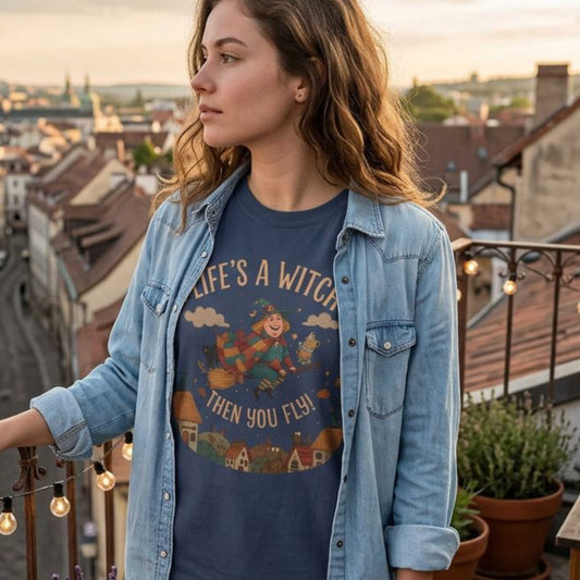 "Life's a Witch, Then You Fly" T-Shirt — Fun Hopeful Uplifting Graphic Tee
