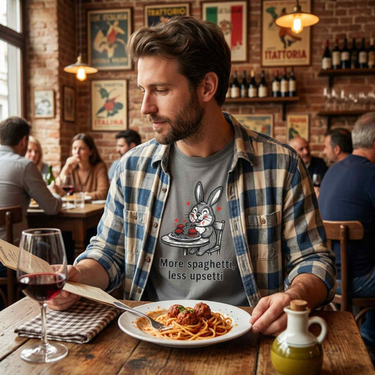 More Spaghetti Less Upsetti T-Shirt — Cute Bunny Pasta Graphic Tee