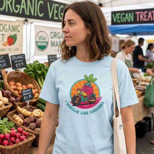 “Wheelie Like Radishes” T-Shirt — Retro Radish Lover Vegan Cycling Graphic Tee