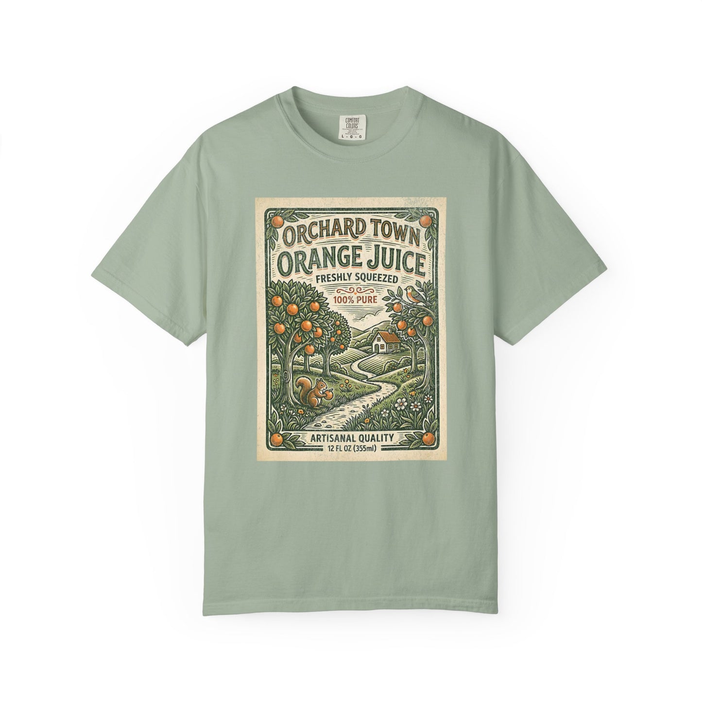 Orchard Town Orange Juice T-Shirt - Vintage Linocut Graphic Tee
