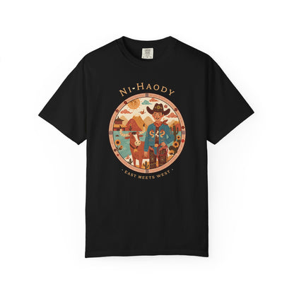 "Ni-Haody. Easts Meets West" Asian Cowboy Camp Graphic T-Shirt — Western Illustration Tee