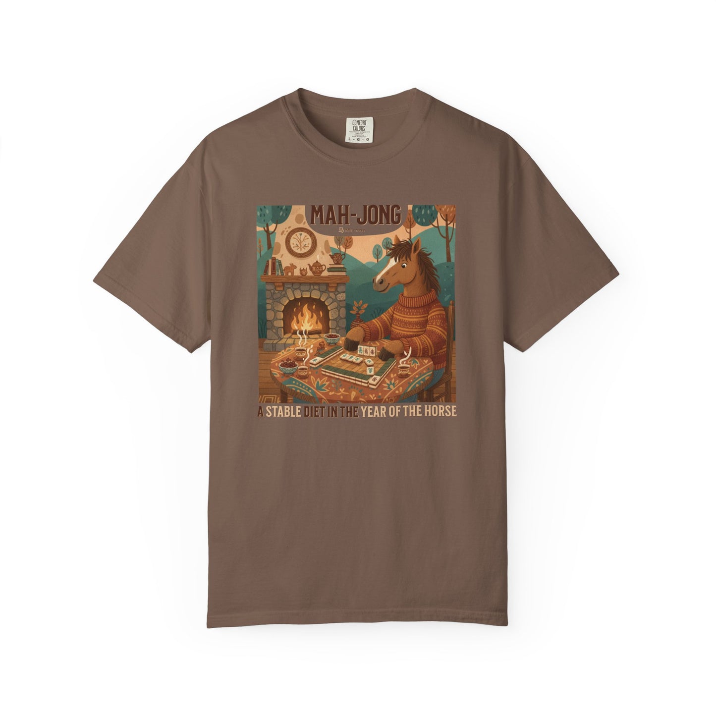 “Mah-Jong: A Stable Diet in the Year of the Horse” T-Shirt — Retro Cozy Mahjong Horse Design