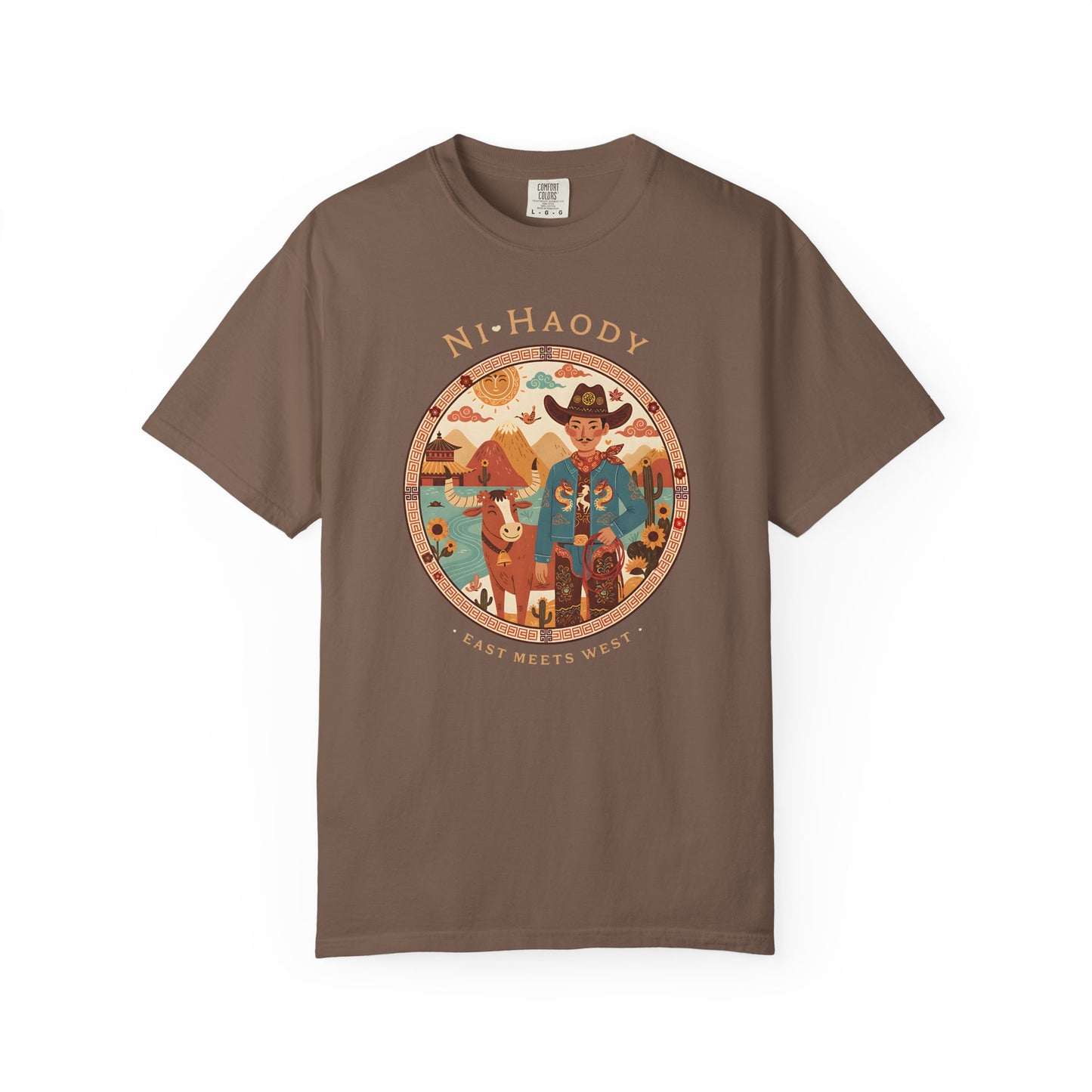 "Ni-Haody. Easts Meets West" Asian Cowboy Camp Graphic T-Shirt — Western Illustration Tee