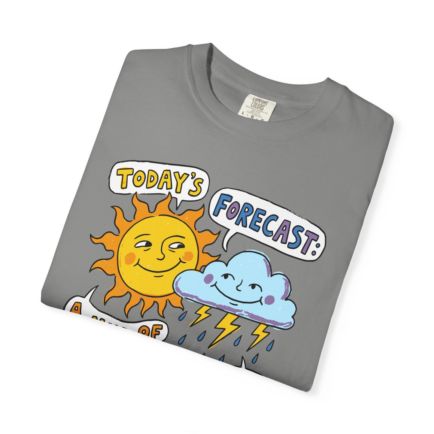 "Today's Forecast: A Mix of Fun and Louds" Tee — Playful Weather Cartoon T-Shirt