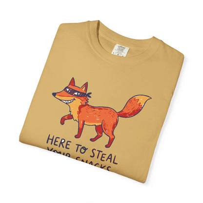 "Here to Steal Your Snacks" Graphic T-Shirt — Cute Snack Thief Fox Tee
