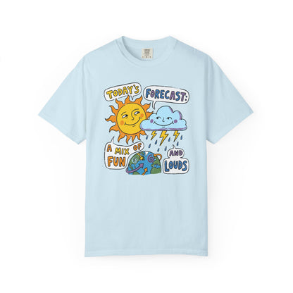 "Today's Forecast: A Mix of Fun and Louds" Tee — Playful Weather Cartoon T-Shirt