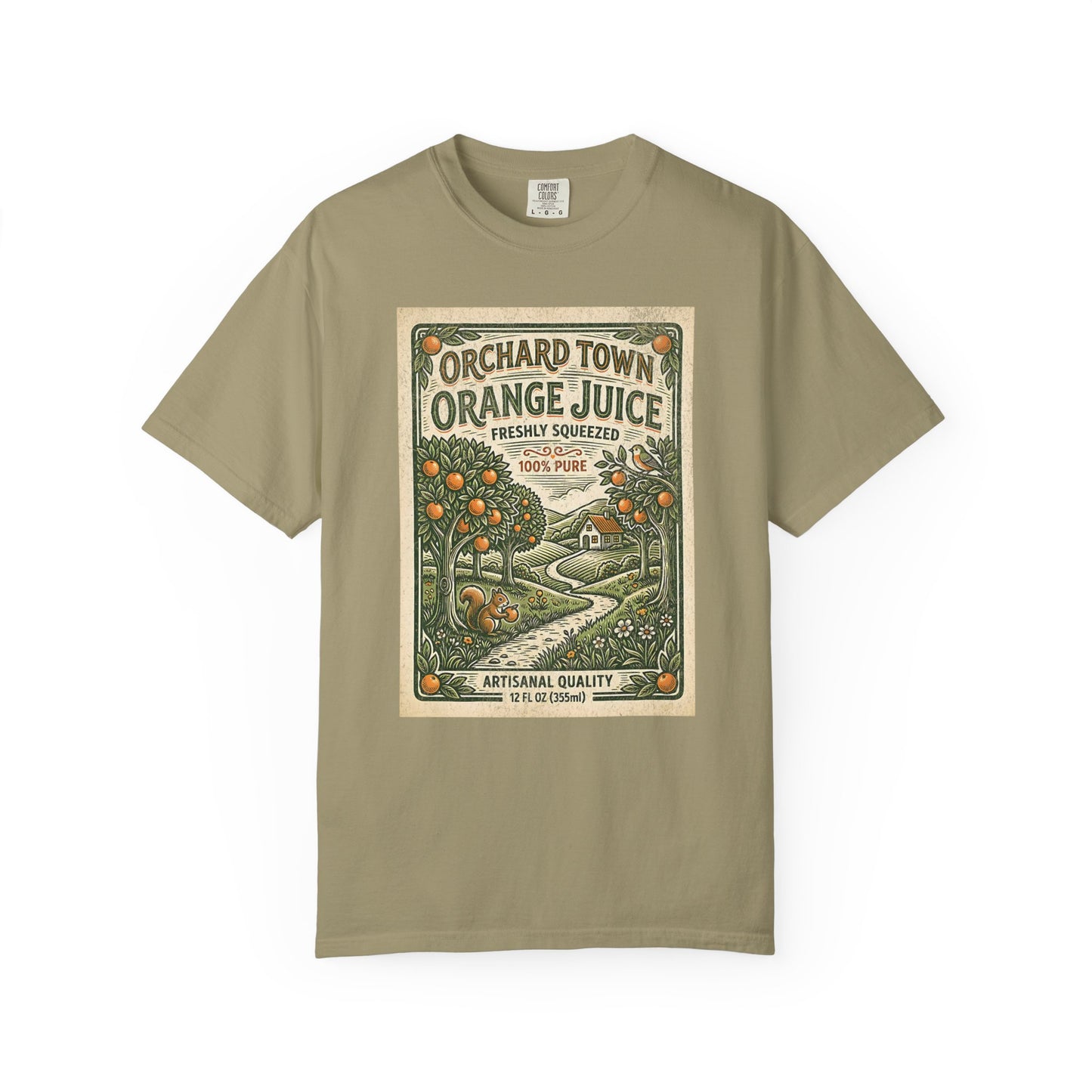 Orchard Town Orange Juice T-Shirt - Vintage Linocut Graphic Tee