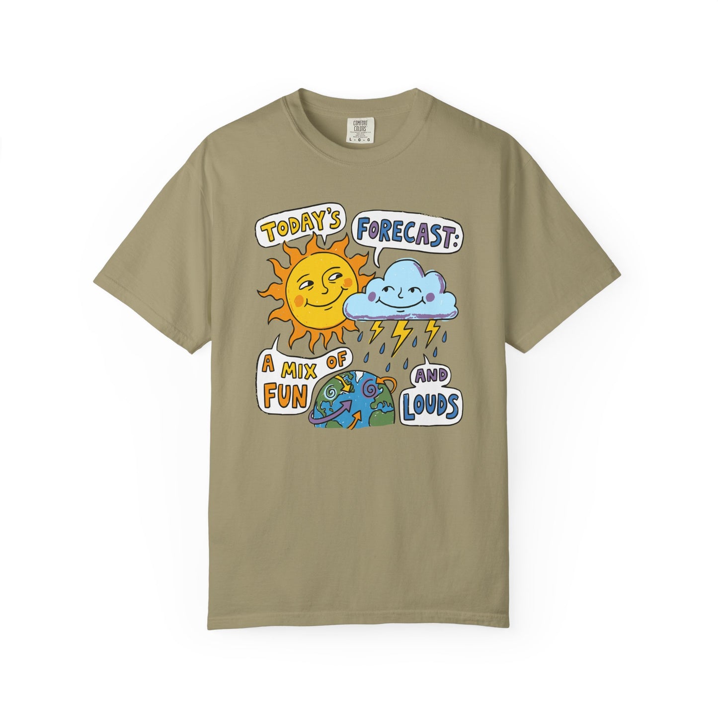 "Today's Forecast: A Mix of Fun and Louds" Tee — Playful Weather Cartoon T-Shirt