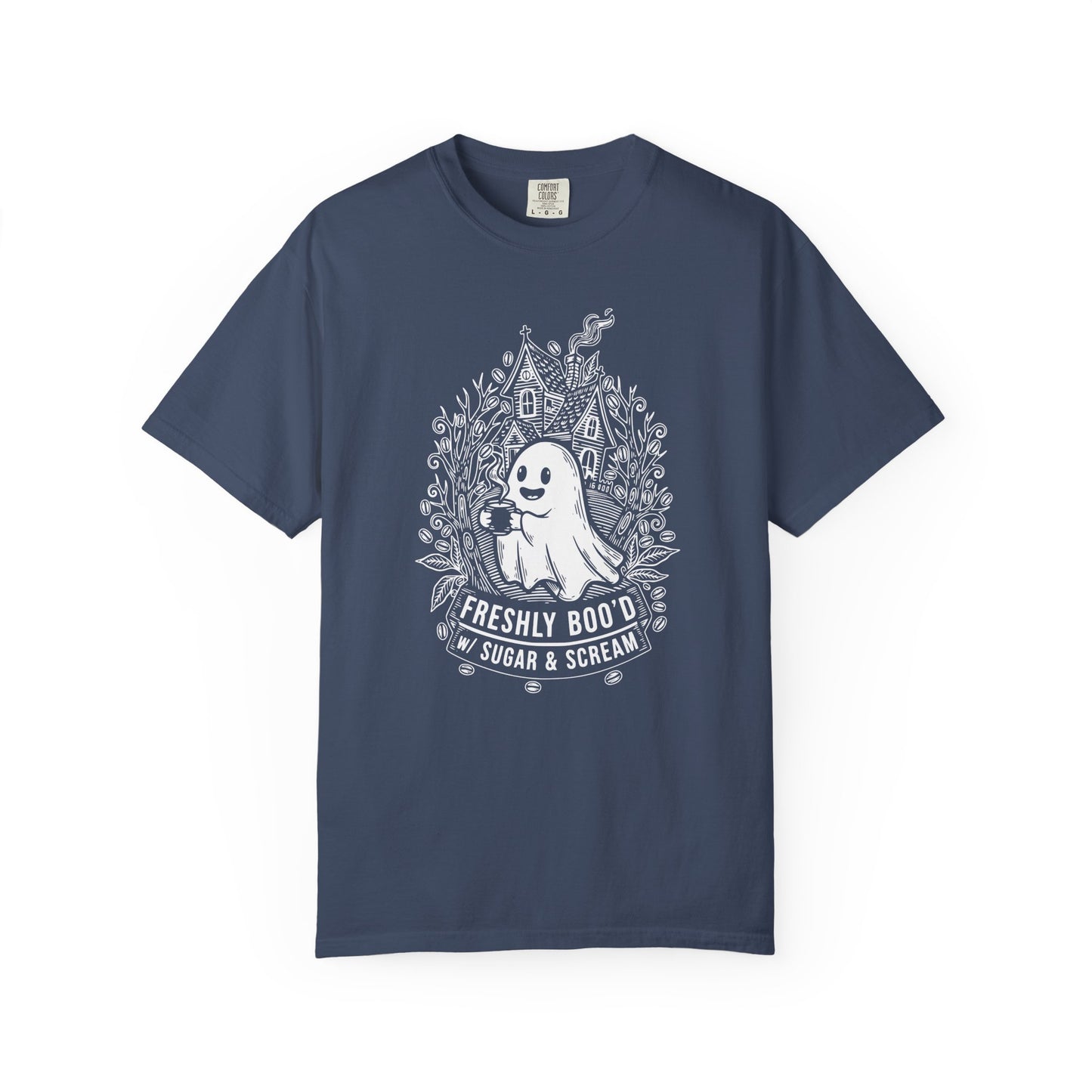 "Freshly Boo'd w/ Sugar & Scream" Cute Coffee Ghost Haunted House T-Shirt