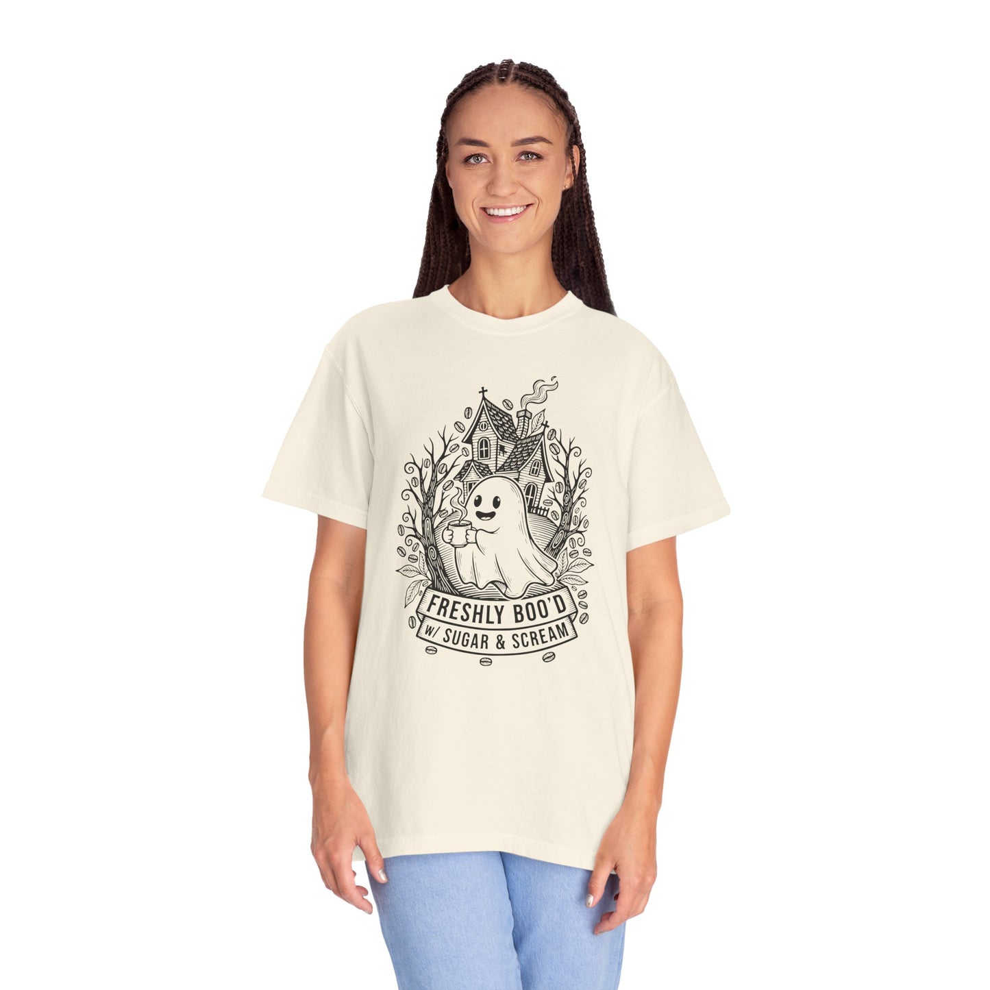 "Freshly Boo'd w/ Sugar & Scream" Cute Coffee Ghost Haunted House T-Shirt
