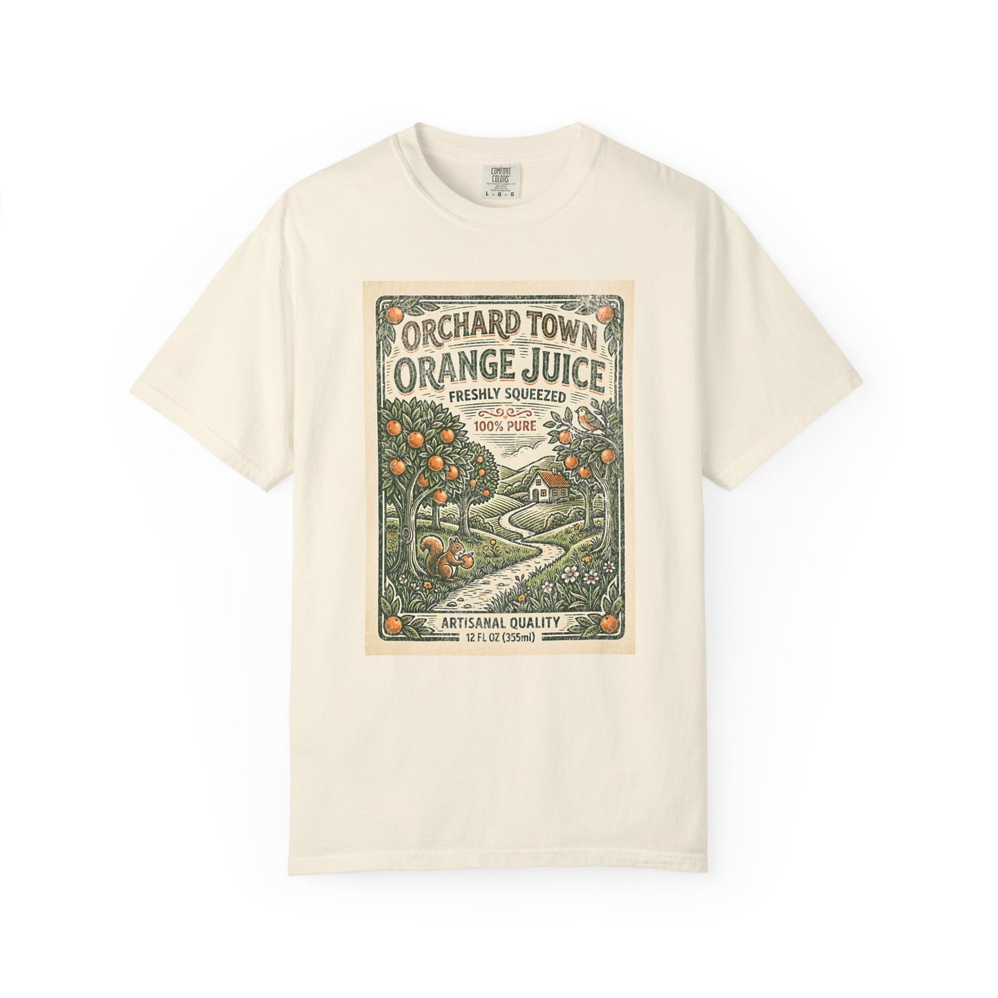 Orchard Town Orange Juice T-Shirt - Vintage Linocut Graphic Tee