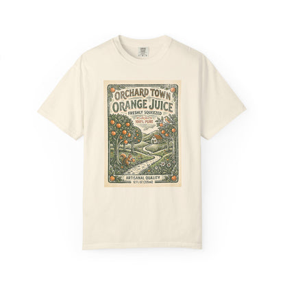 Orchard Town Orange Juice T-Shirt - Vintage Linocut Graphic Tee