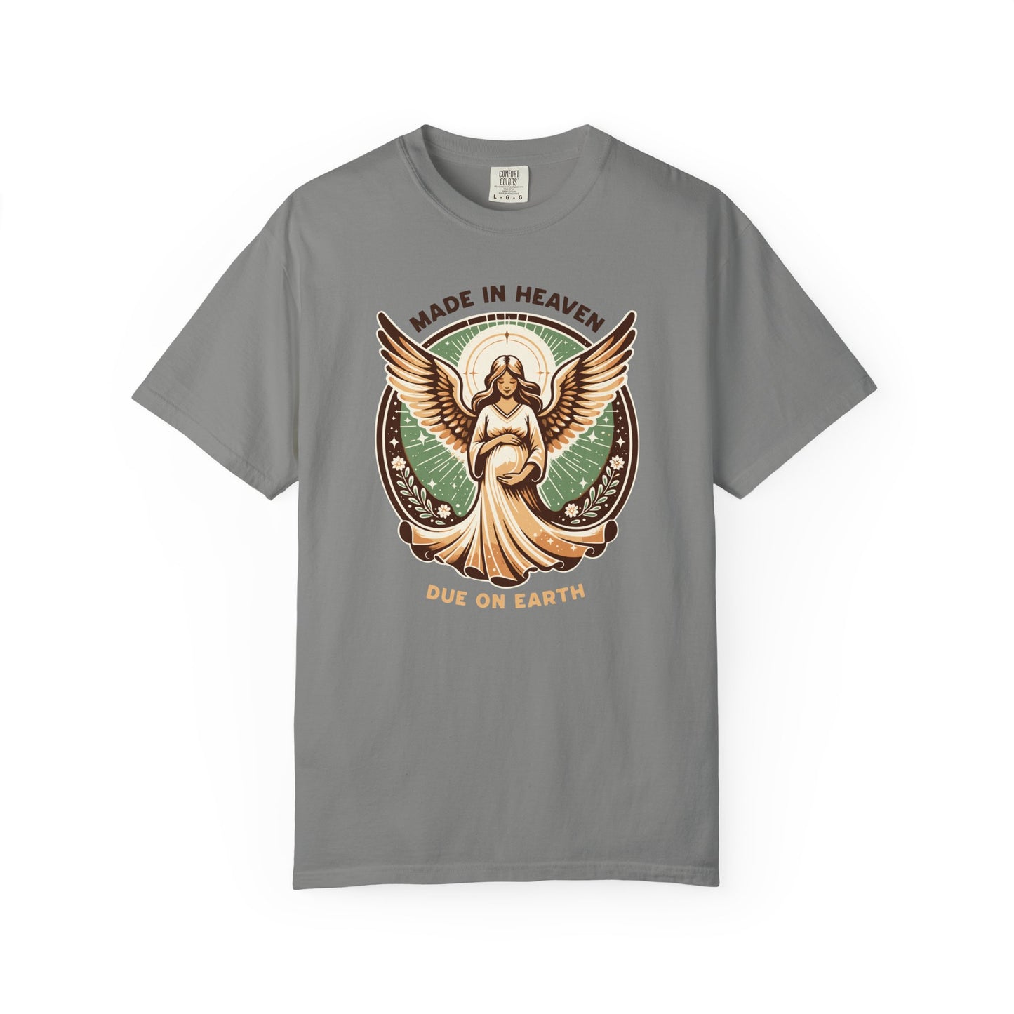 "Made in Heaven, Due on Earth" Angel Graphic T-Shirt — Vintage Expecting Mother Tee
