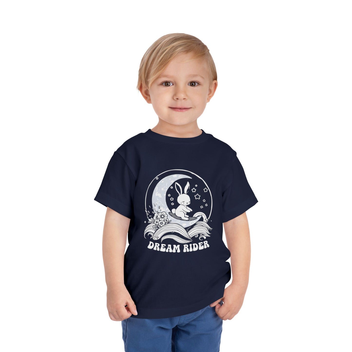 "Dream Rider" Toddler Tee — Sleepy Bunny Moon Surfer Graphic T-Shirt