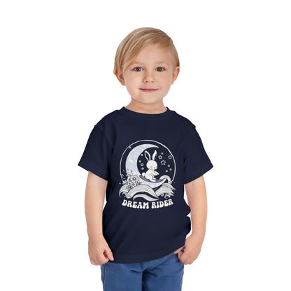 "Dream Rider" Toddler Tee — Sleepy Bunny Moon Surfer Graphic T-Shirt