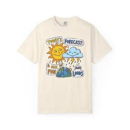 "Today's Forecast: A Mix of Fun and Louds" Tee — Playful Weather Cartoon T-Shirt