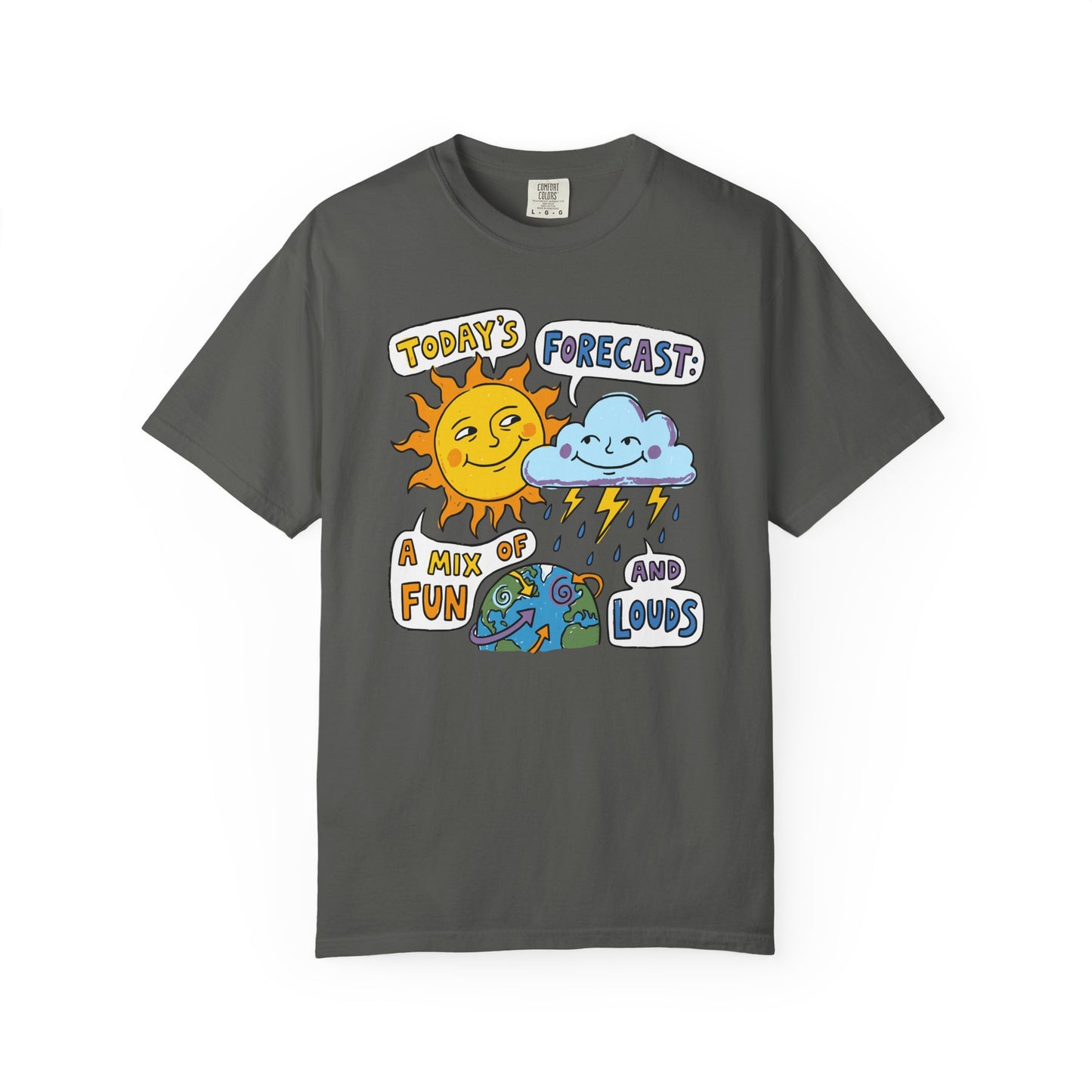 "Today's Forecast: A Mix of Fun and Louds" Tee — Playful Weather Cartoon T-Shirt