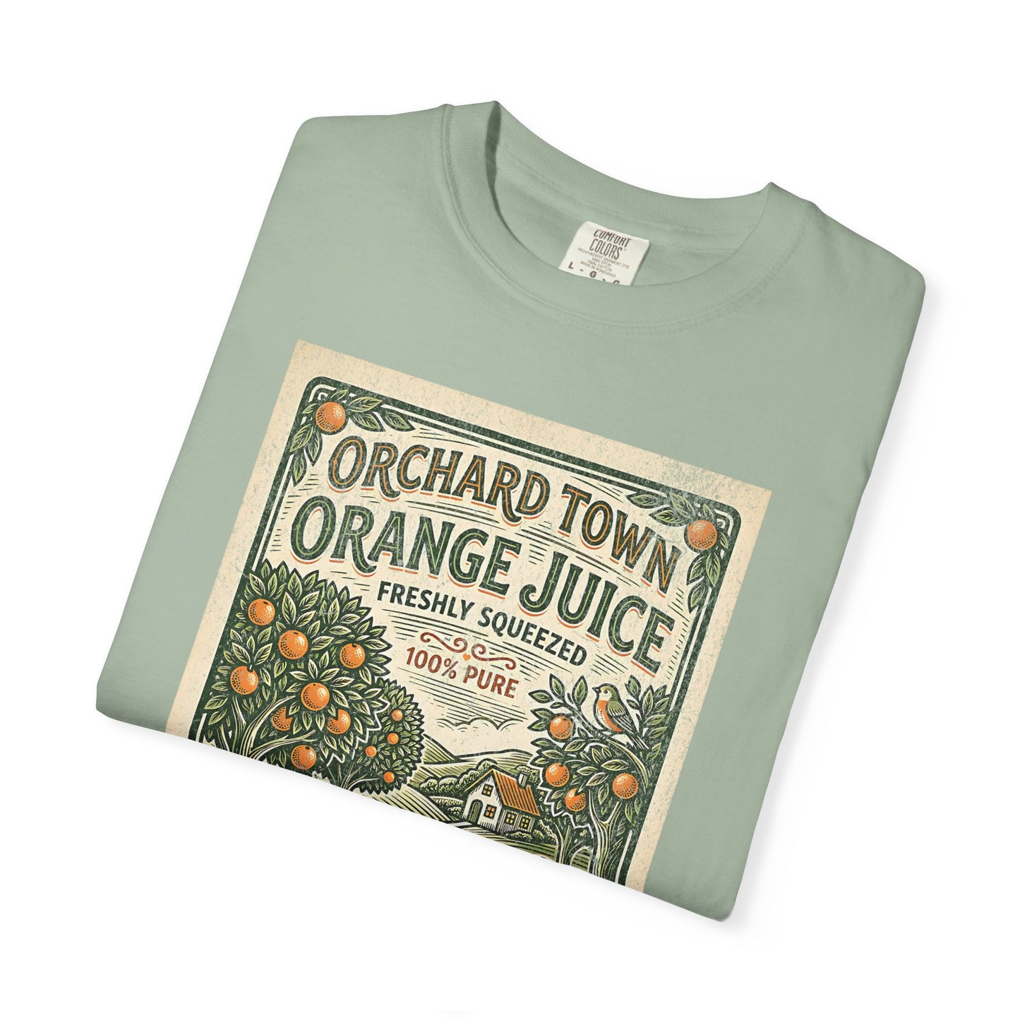 Orchard Town Orange Juice T-Shirt - Vintage Linocut Graphic Tee
