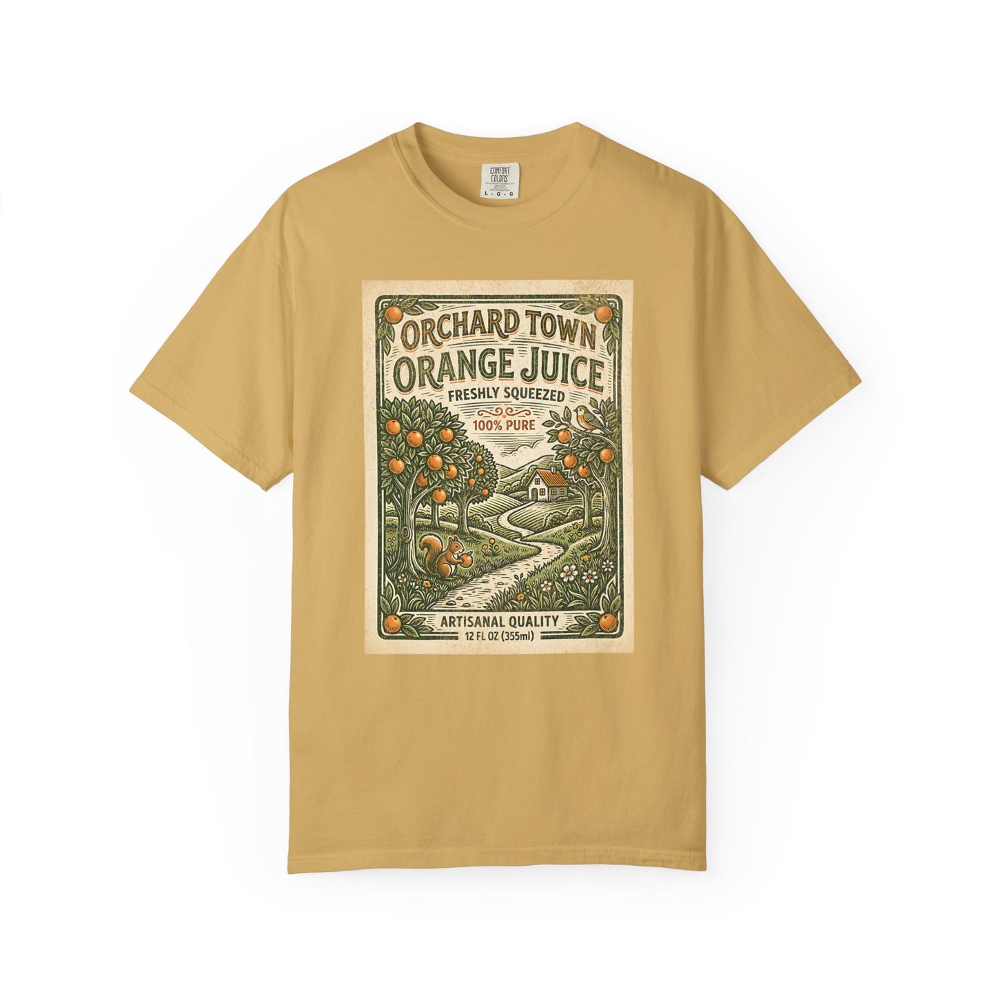 Orchard Town Orange Juice T-Shirt - Vintage Linocut Graphic Tee