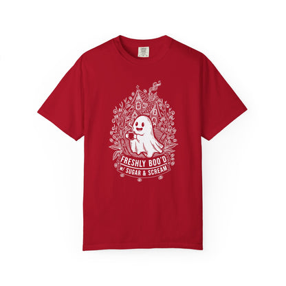 "Freshly Boo'd w/ Sugar & Scream" Cute Coffee Ghost Haunted House T-Shirt