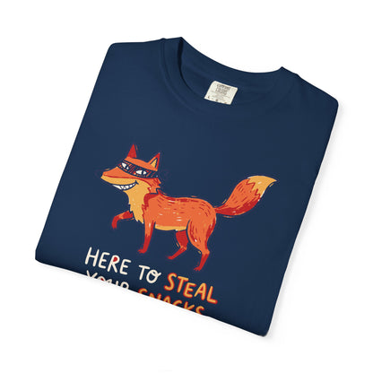 "Here to Steal Your Snacks" Graphic T-Shirt — Cute Snack Thief Fox Tee