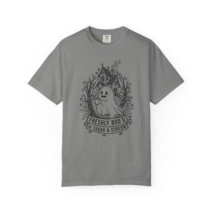 "Freshly Boo'd w/ Sugar & Scream" Cute Coffee Ghost Haunted House T-Shirt