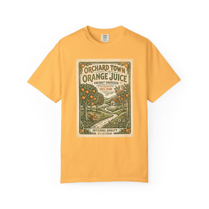 Orchard Town Orange Juice T-Shirt - Vintage Linocut Graphic Tee