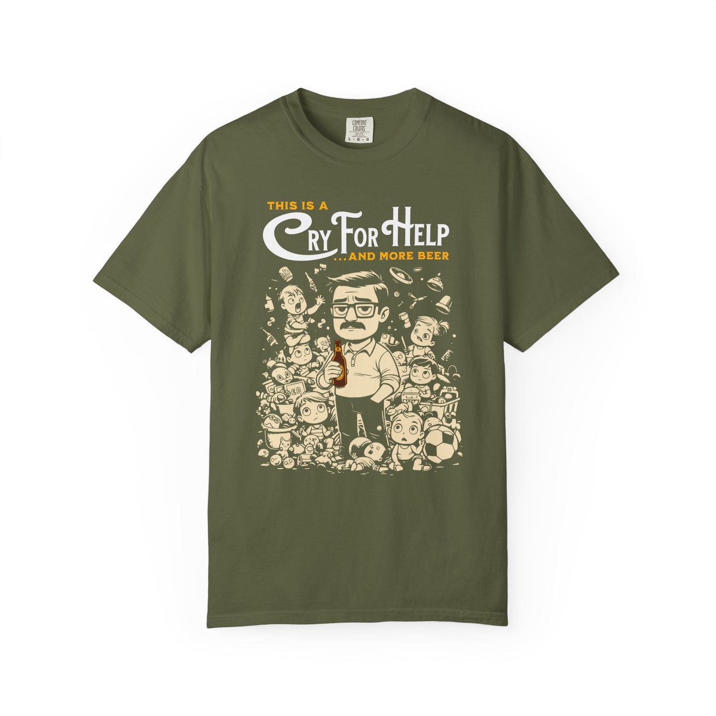 "This Is A Cry For Help and More Beer" T-Shirt — Funny Cartoon Dad Tee