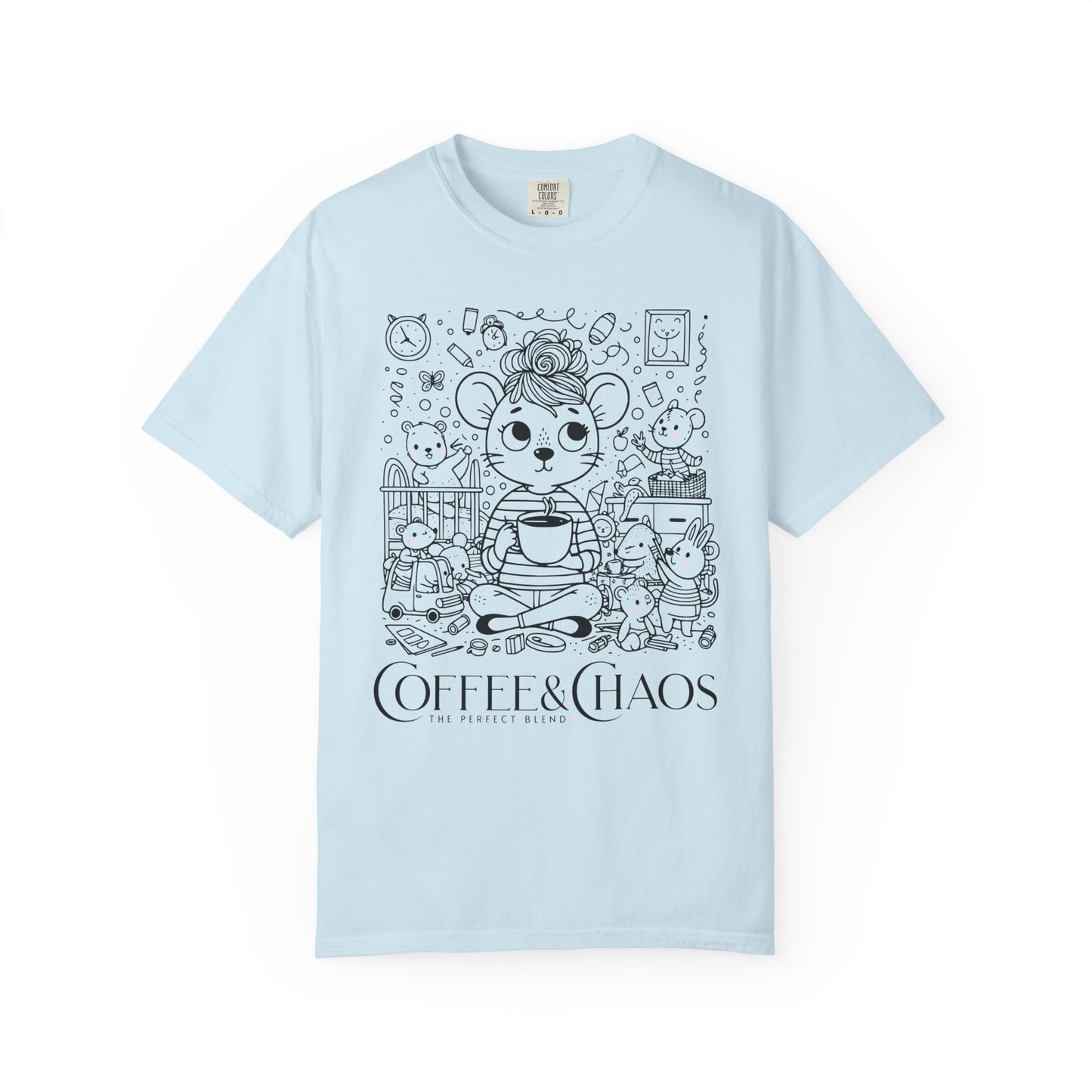 "Coffee & Chaos: The Perfect Blend" T-Shirt — Cute Kawaii Mouse Coffee Lover Tee