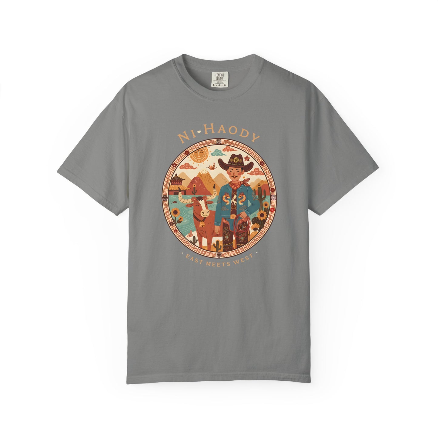 "Ni-Haody. Easts Meets West" Asian Cowboy Camp Graphic T-Shirt — Western Illustration Tee