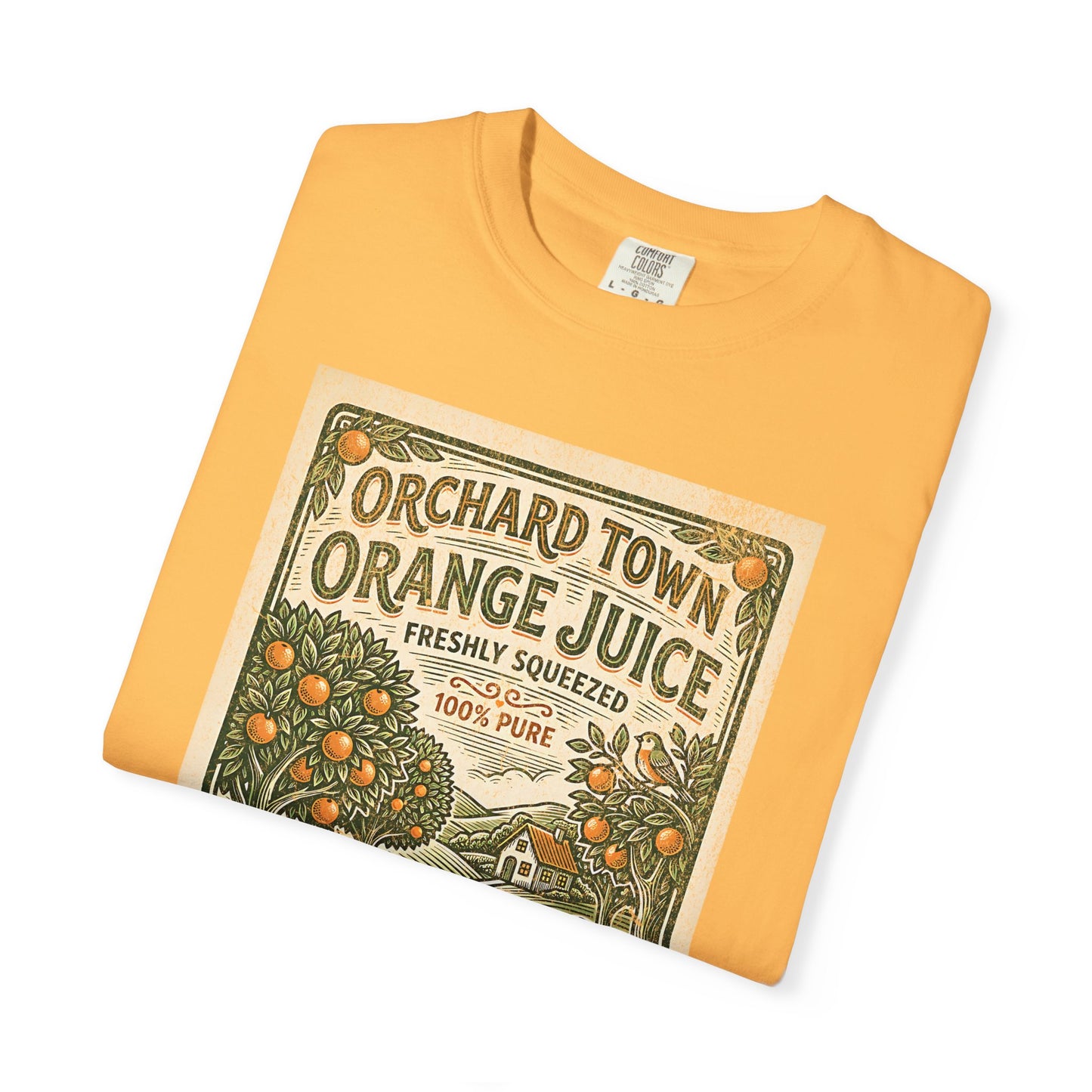 Orchard Town Orange Juice T-Shirt - Vintage Linocut Graphic Tee