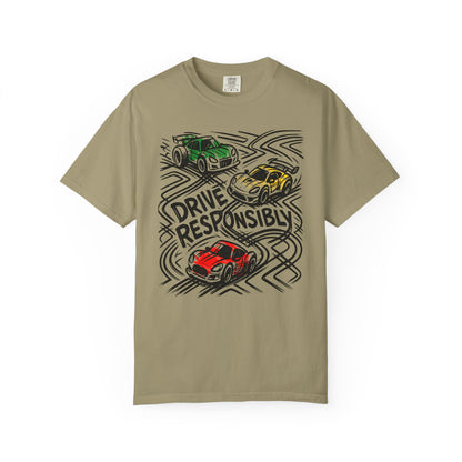 Drive Responsibly Vintage Car T-Shirt — Retro Racer Awareness Graphic Tee