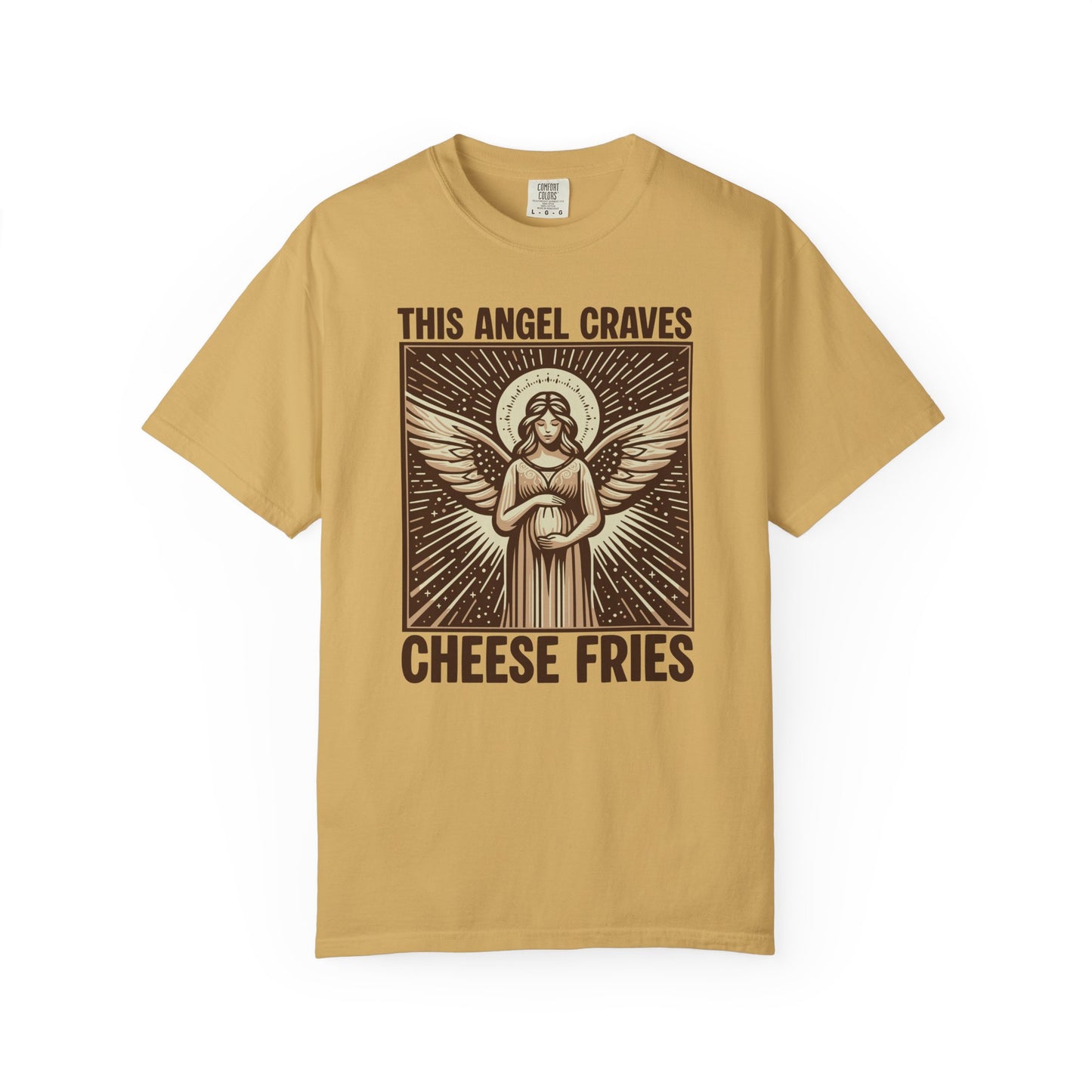 "This Angel Craves Cheese Fries" T-Shirt — Vintage Pregnant Angel Graphic Tee