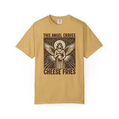 "This Angel Craves Cheese Fries" T-Shirt — Vintage Pregnant Angel Graphic Tee