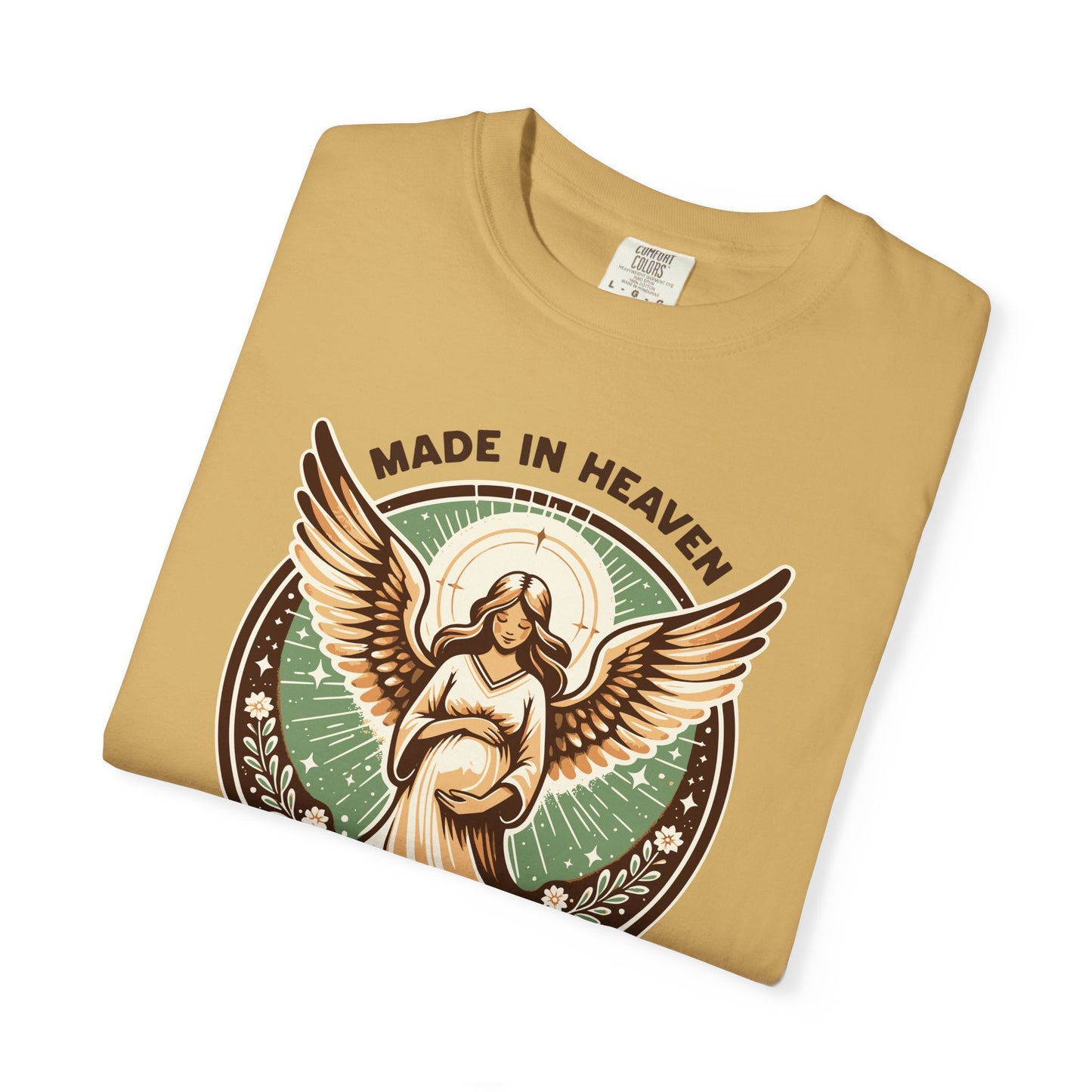"Made in Heaven, Due on Earth" Angel Graphic T-Shirt — Vintage Expecting Mother Tee
