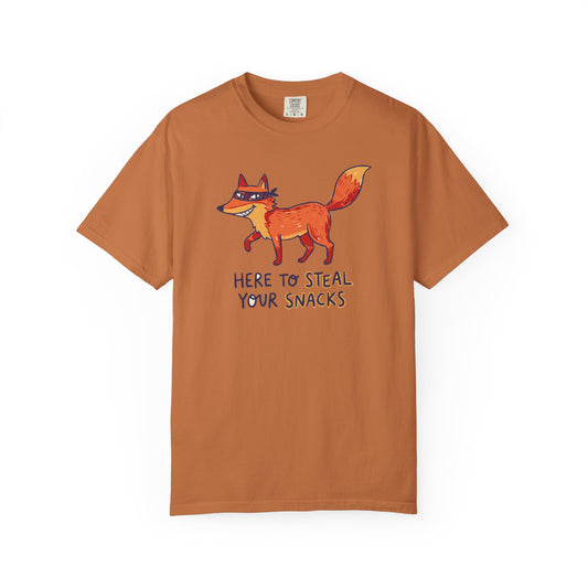 "Here to Steal Your Snacks" Graphic T-Shirt — Cute Snack Thief Fox Tee