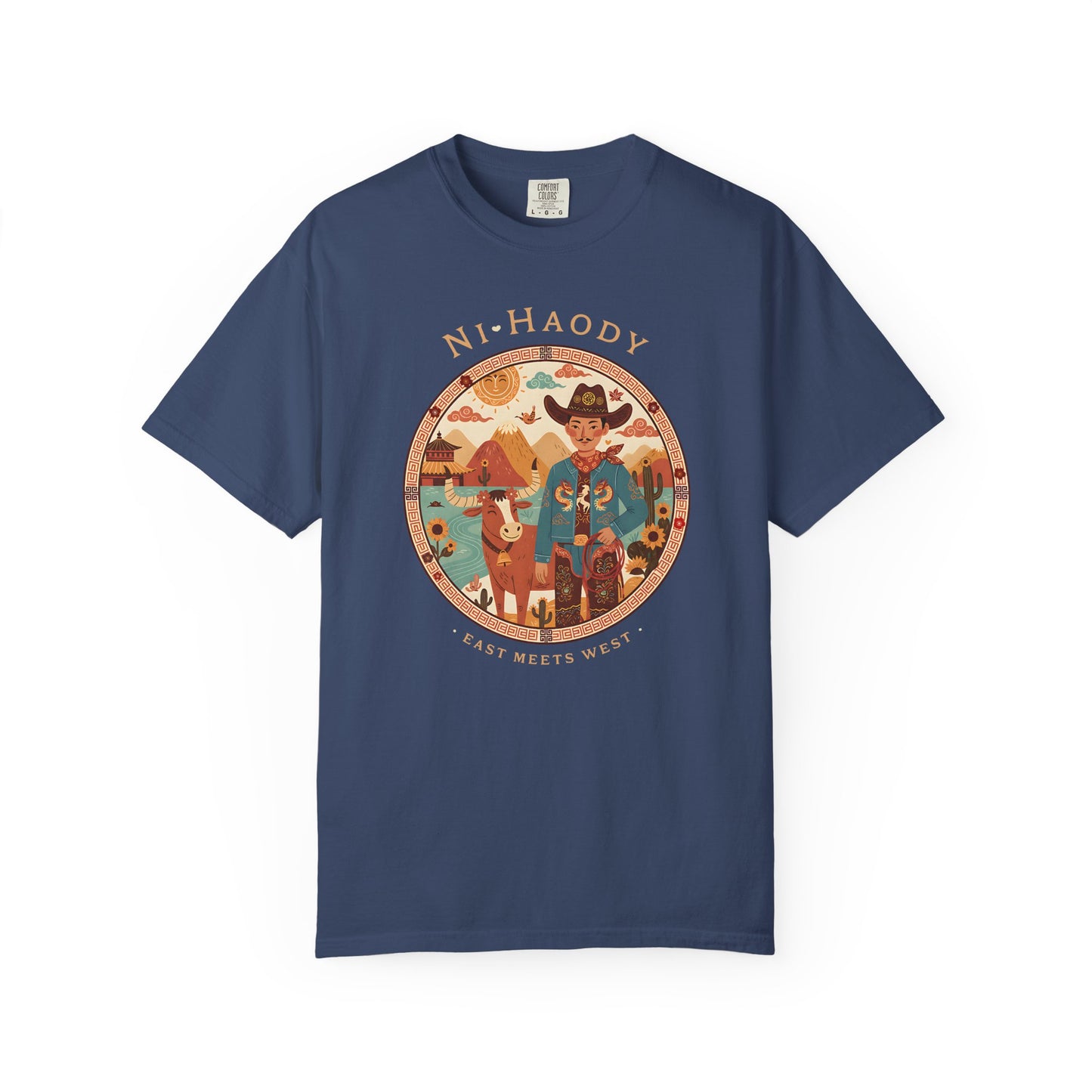 "Ni-Haody. Easts Meets West" Asian Cowboy Camp Graphic T-Shirt — Western Illustration Tee