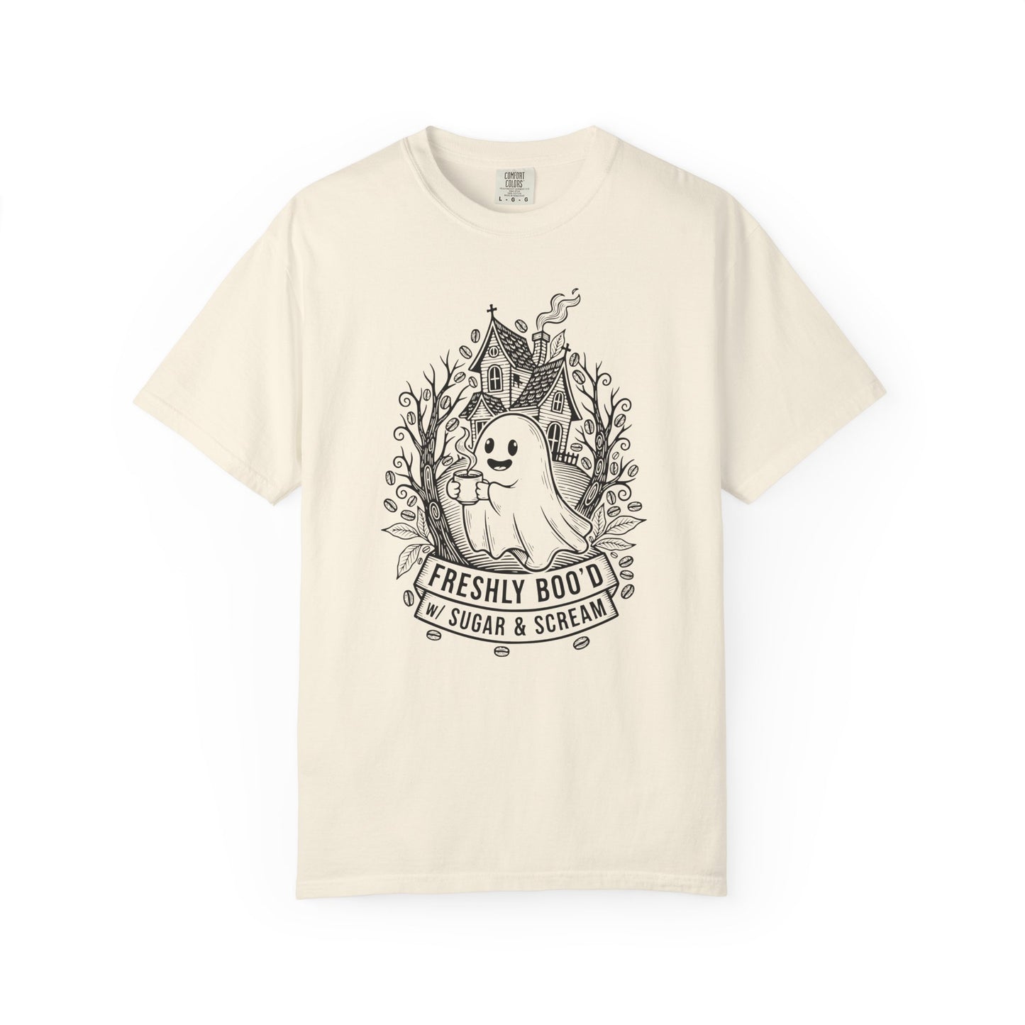 "Freshly Boo'd w/ Sugar & Scream" Cute Coffee Ghost Haunted House T-Shirt