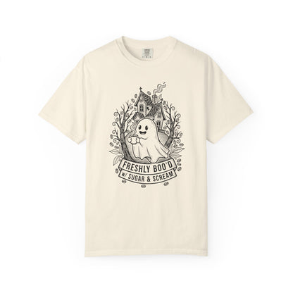 "Freshly Boo'd w/ Sugar & Scream" Cute Coffee Ghost Haunted House T-Shirt