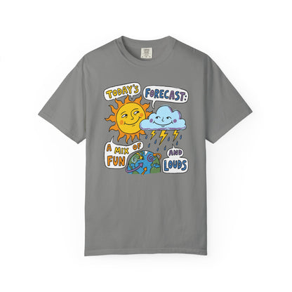 "Today's Forecast: A Mix of Fun and Louds" Tee — Playful Weather Cartoon T-Shirt
