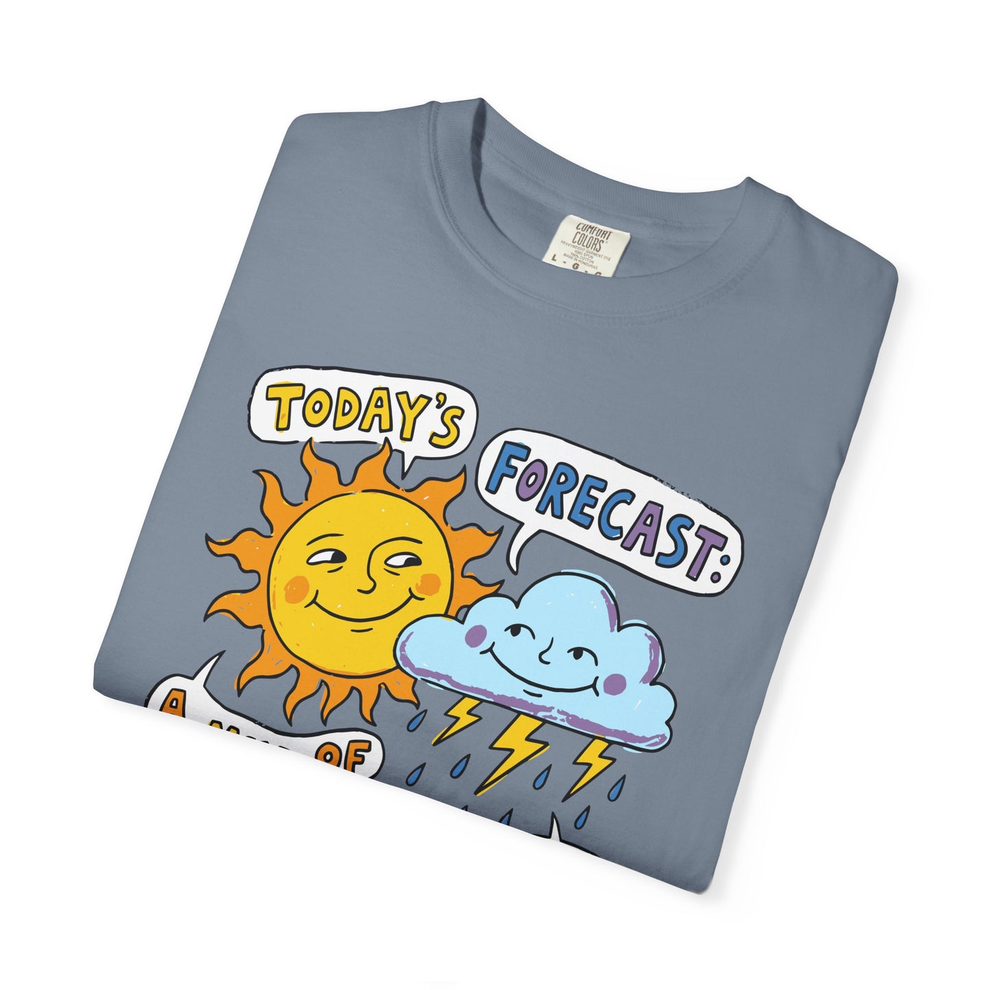"Today's Forecast: A Mix of Fun and Louds" Tee — Playful Weather Cartoon T-Shirt