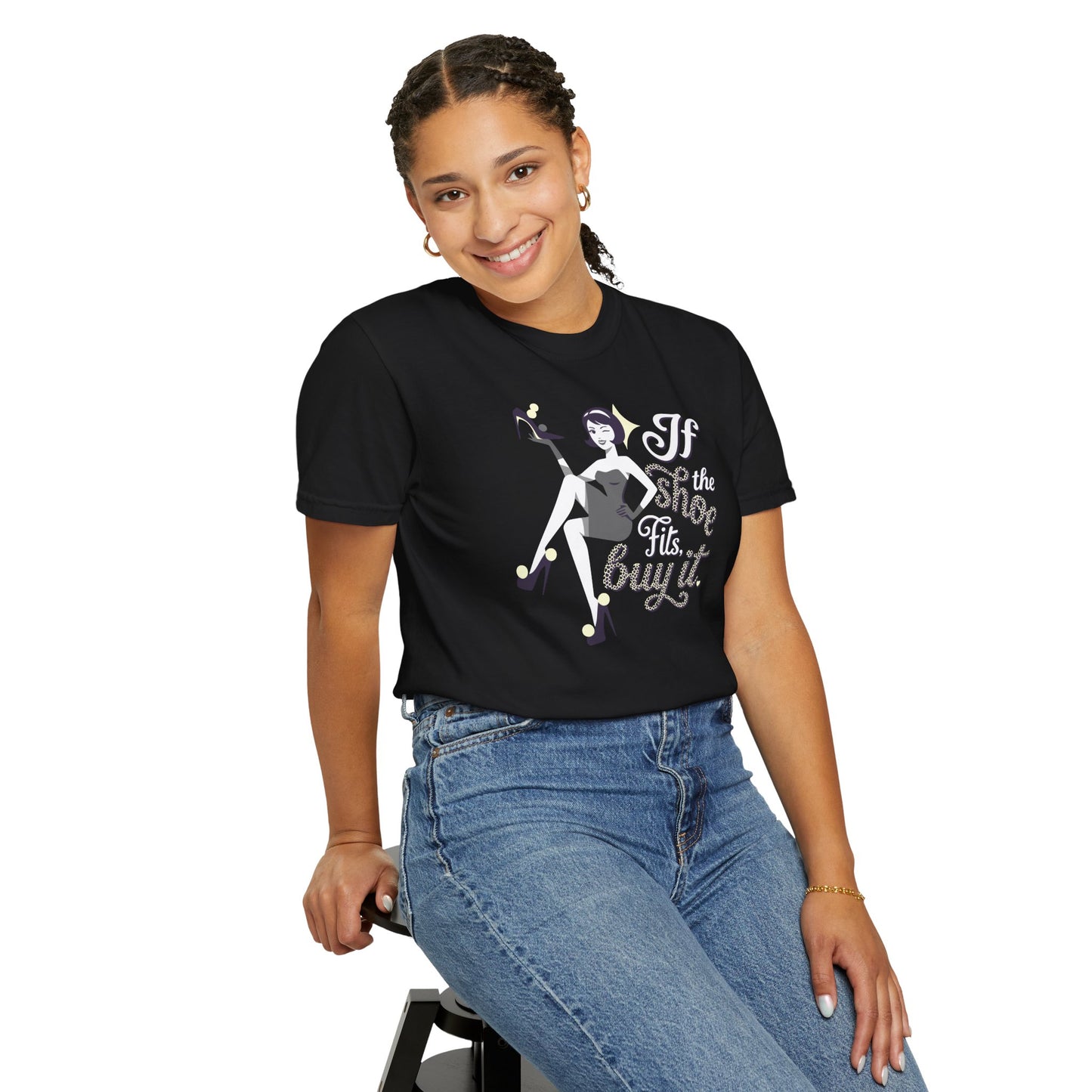 "If the Shoe Fits, Buy It" T-Shirt — Retro Pinup Shoe Lover Graphic Tee