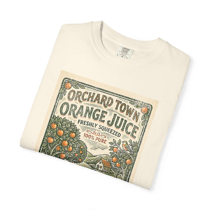 Orchard Town Orange Juice T-Shirt - Vintage Linocut Graphic Tee
