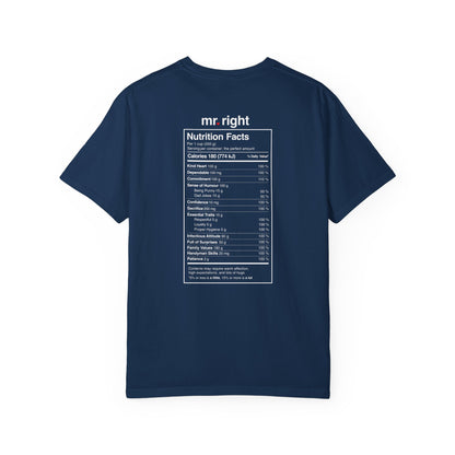 Mr. Right Couples Tee — "mr. right" Front Text with Nutrition Facts Back Graphic T-Shirt